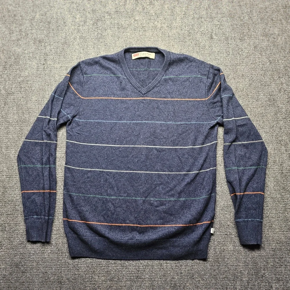 Levis Mens Slim Fit V-Neck Sweater Blue Striped Wool Blend L S37173-472 F2